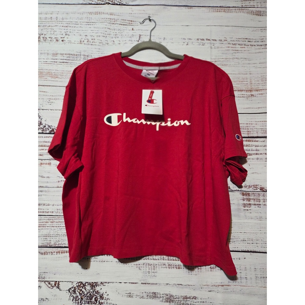 Champion Mens XXL Red Short Sleeve Script Logo Loose Fit T-Shirt NWT